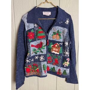 Vintage Heirloom Collectibles Christmas Zip Sweater Embroidered Medium